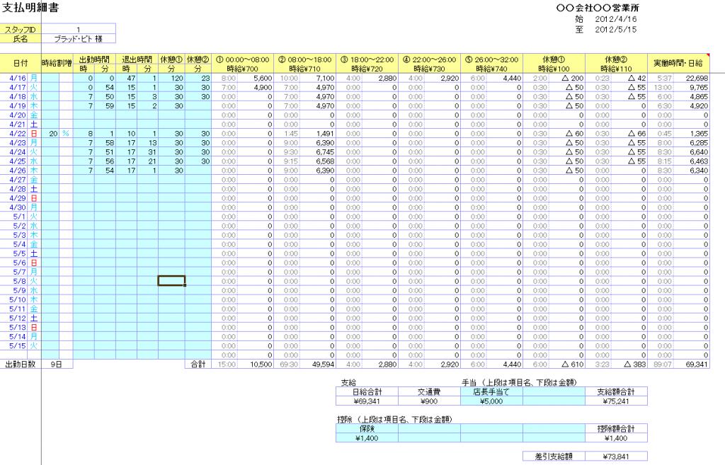 5通りのシフト 勤務時間帯 と時給を自由に設定できる勤怠管理テンプレート コンビニ用時給計算 For Excel Excel勤怠テンプレート