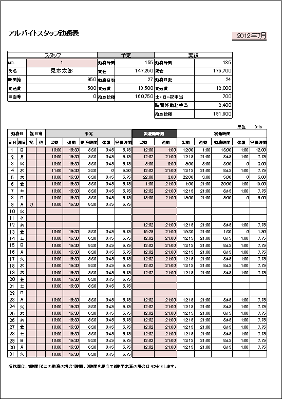 アルバイトの時給を予実それぞれで計算してくれる勤怠管理表テンプレート Excel勤怠テンプレート