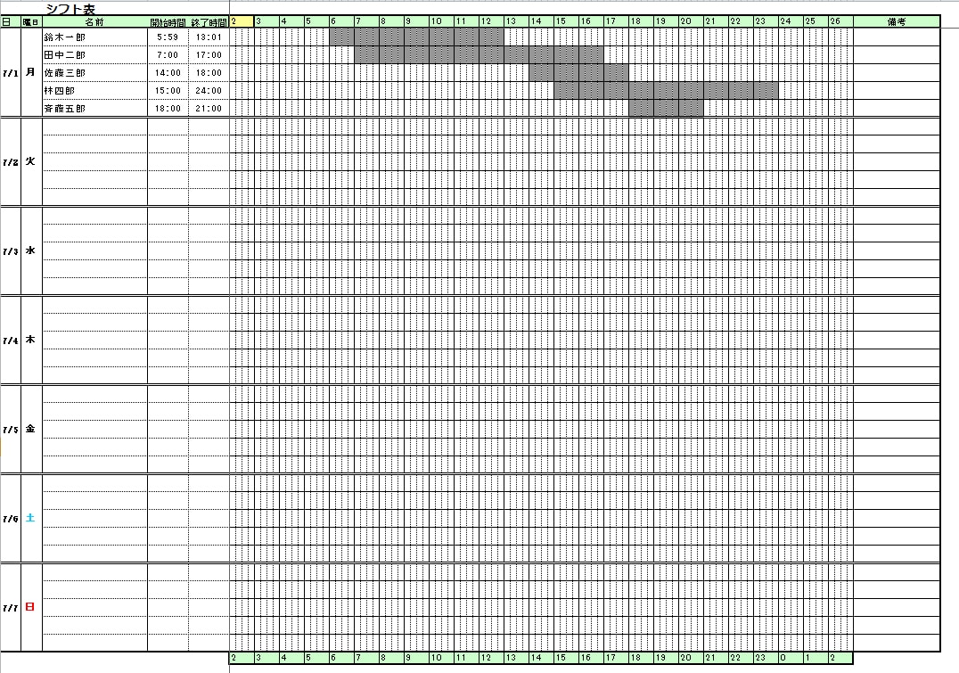 １週間のシフト表テンプレート Excel勤怠テンプレート