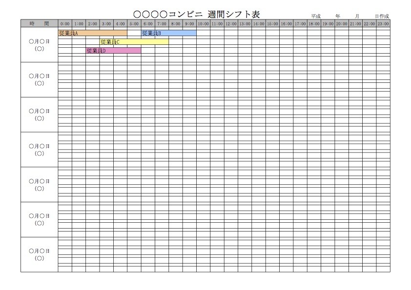 コンビニ向け１週間表示のガントチャート式シフト表テンプレート