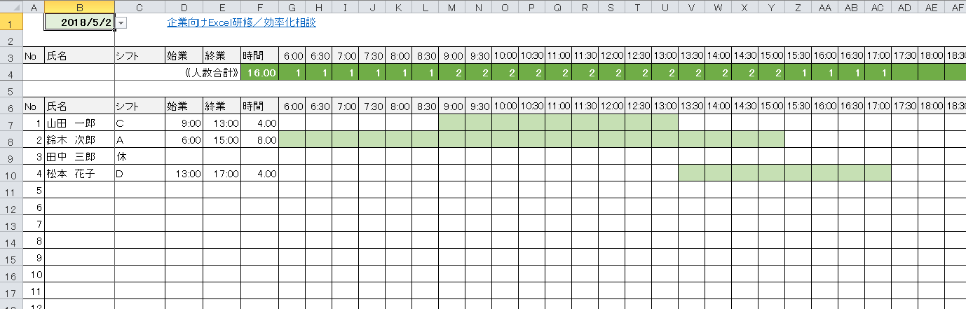 ガントチャートも勤務パターン一覧も両方出力できる便利なシフト表テンプレート Excel勤怠テンプレート